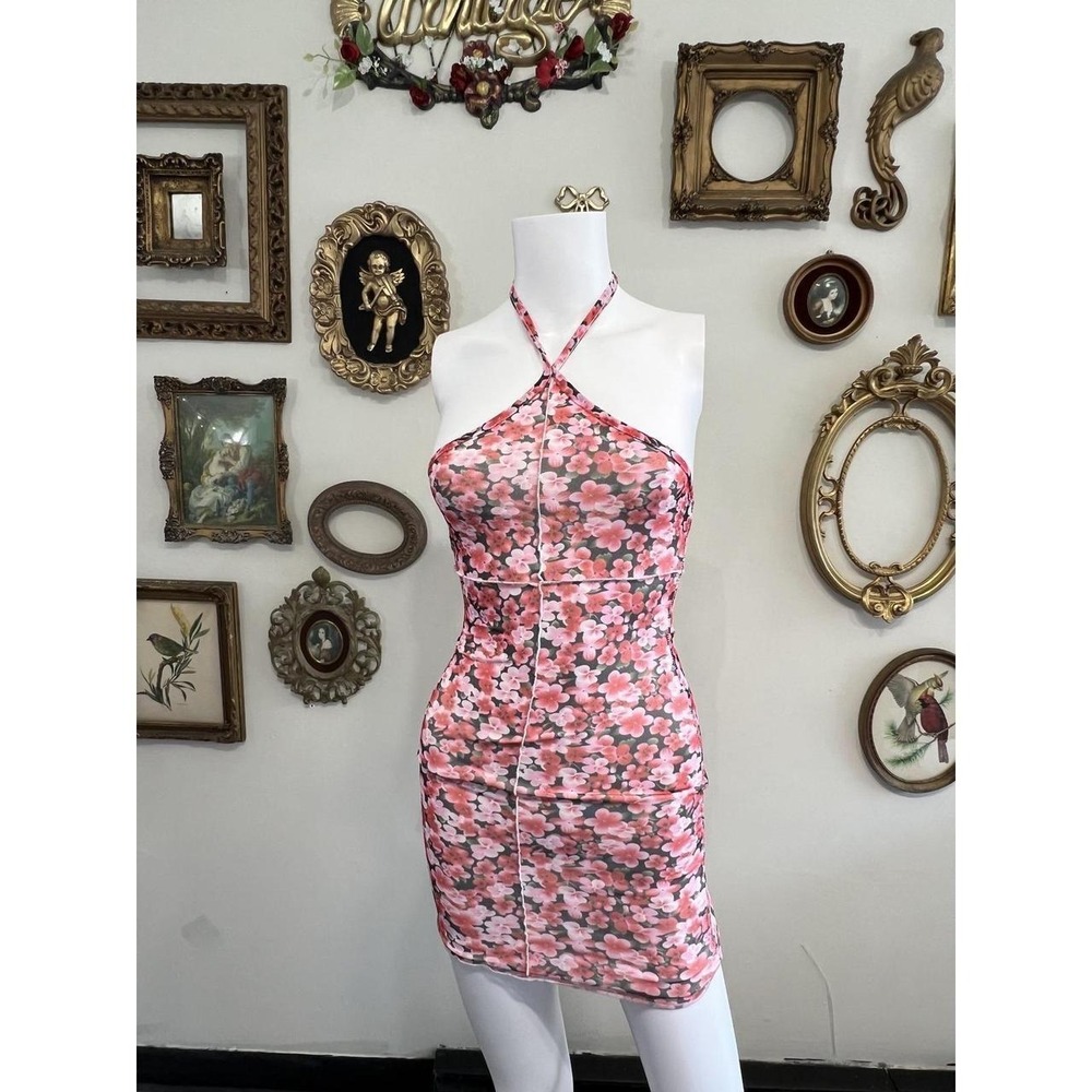 Princess Polly Pink Floral Mesh Halter Bodycon Mini Dress Size 0